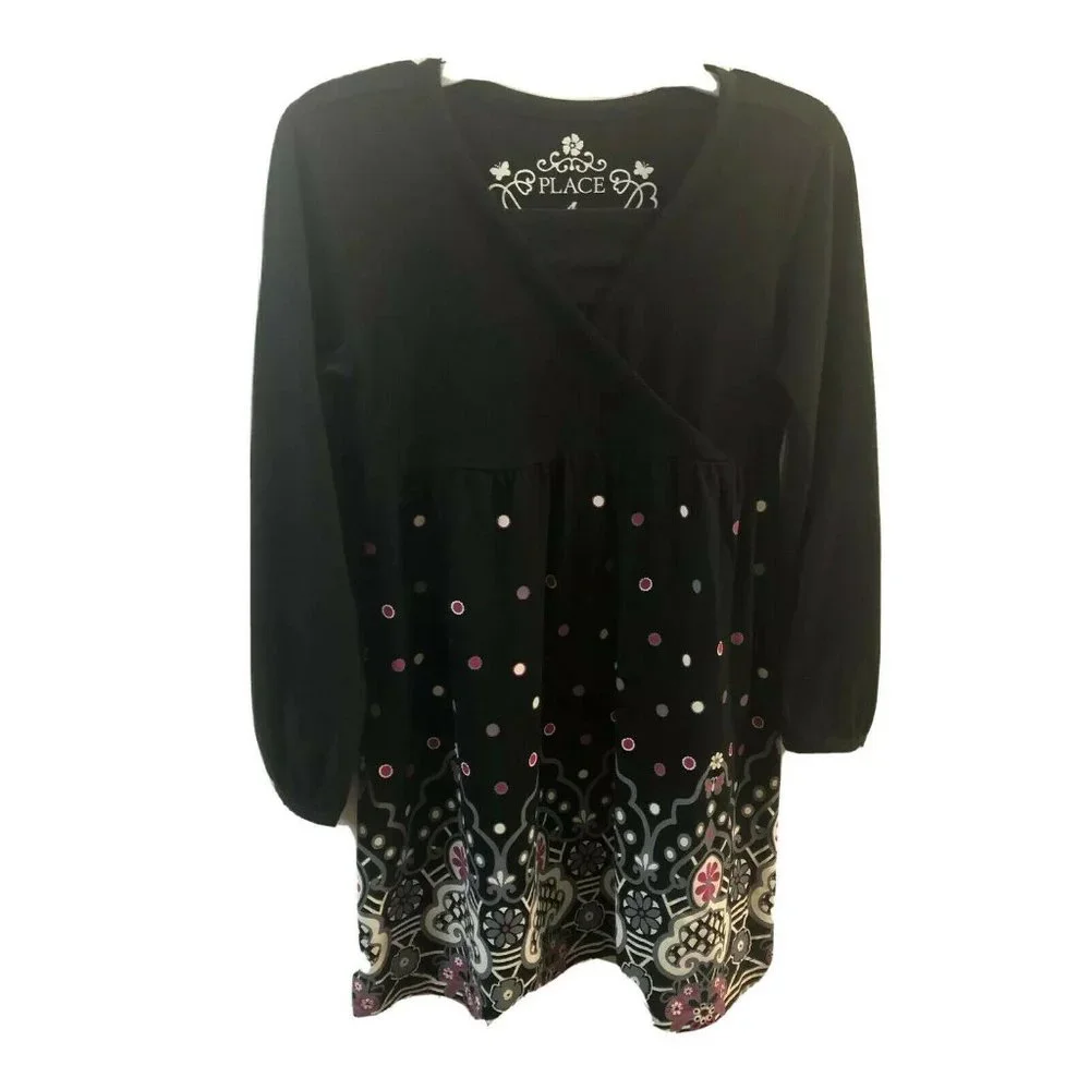 The Children's Place Girls Black Floral Dress Long Sleeve Size 4
